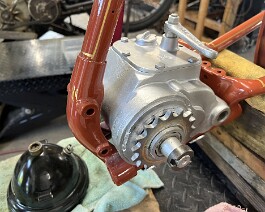 Restored three speed transmission fitted to the frame.